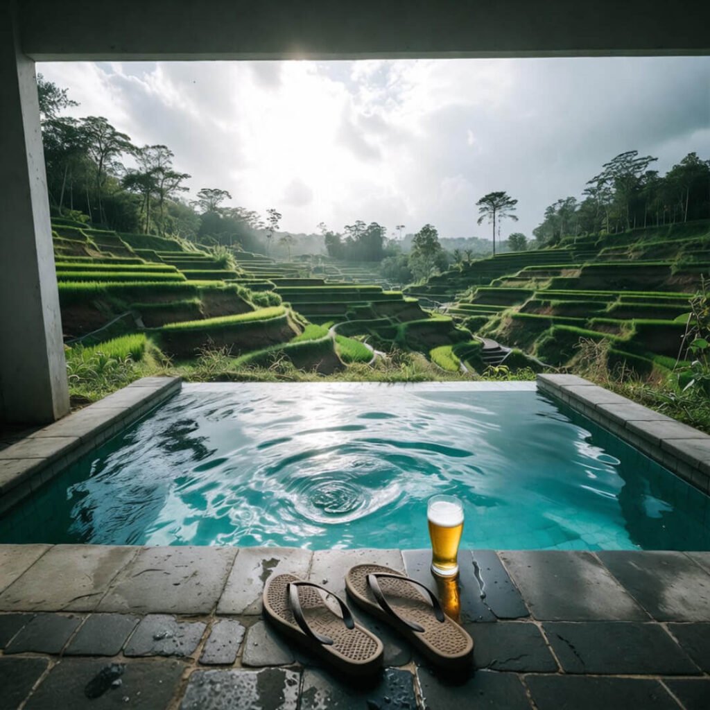 POV riding scooter through lush rice terraces.