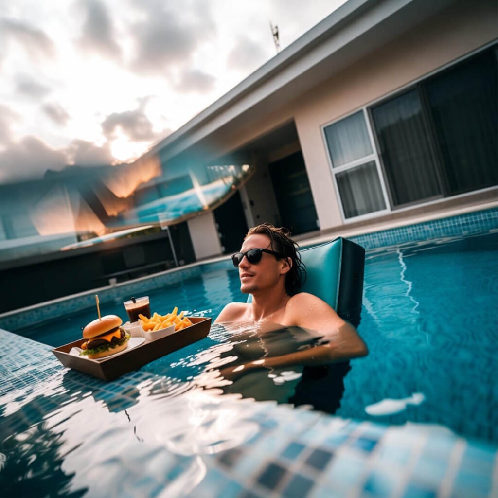 Chilling on pool float with burger tray, overcast private villa vibes.