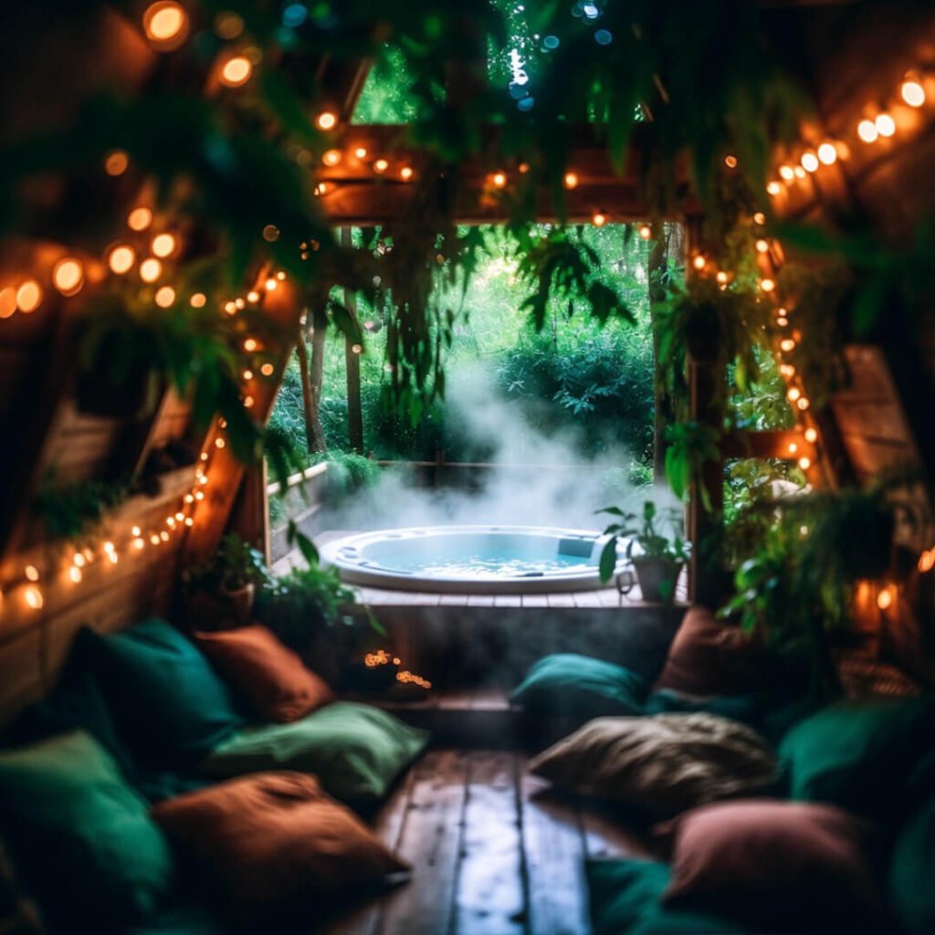 Cozy treehouse interior with fairy lights and steaming hot tub.
