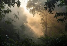 dense Malaysian rainforest at dawn, low-hanging mist, soft diffused light filtering through trees.