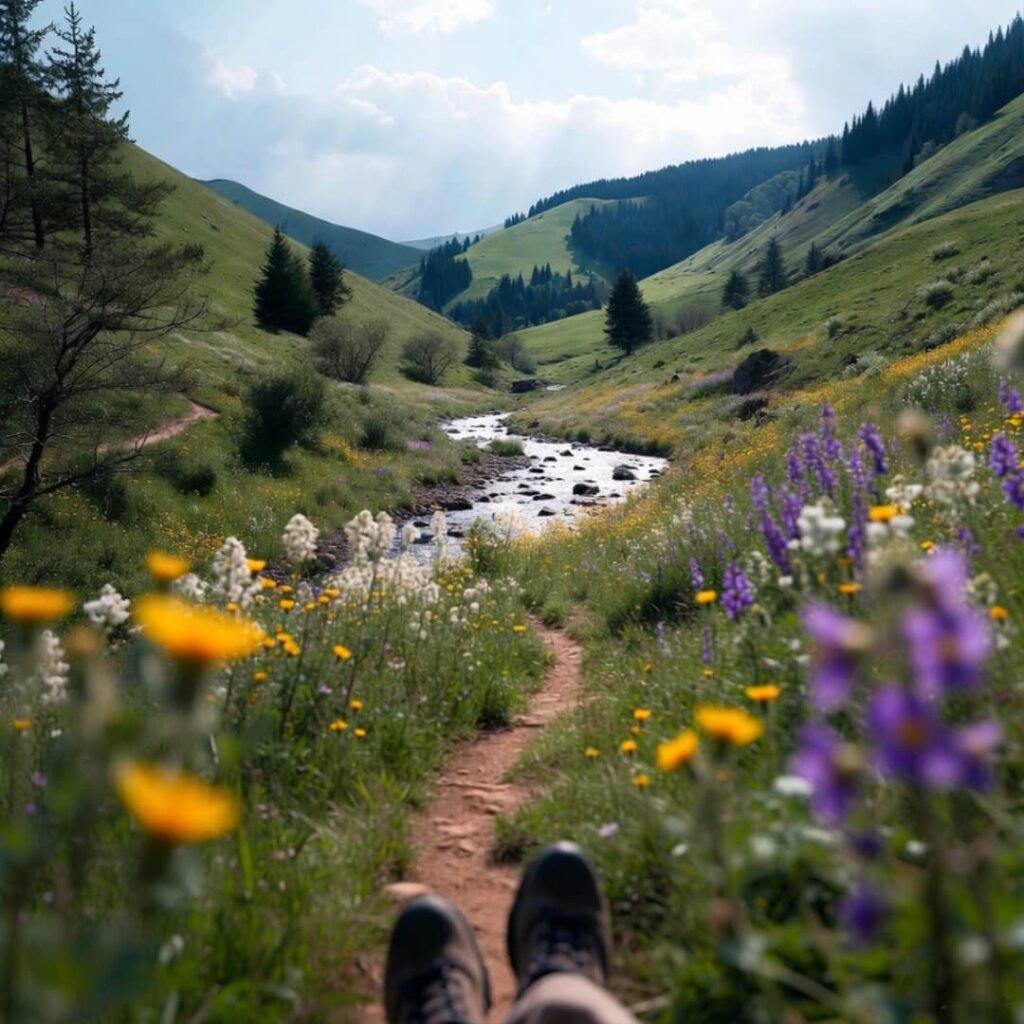 Wildflower trail descending to sparkling stream.