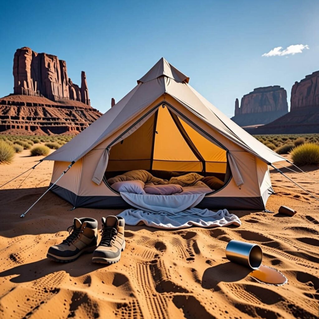 Messy desert tent morning with spilled coffee.