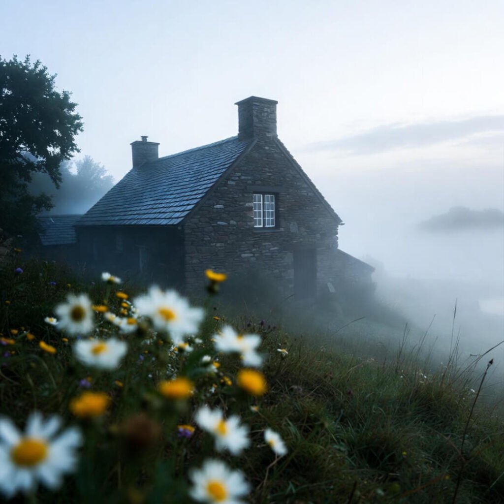 Fog-shrouded stone cottage with blurred wildflowers.