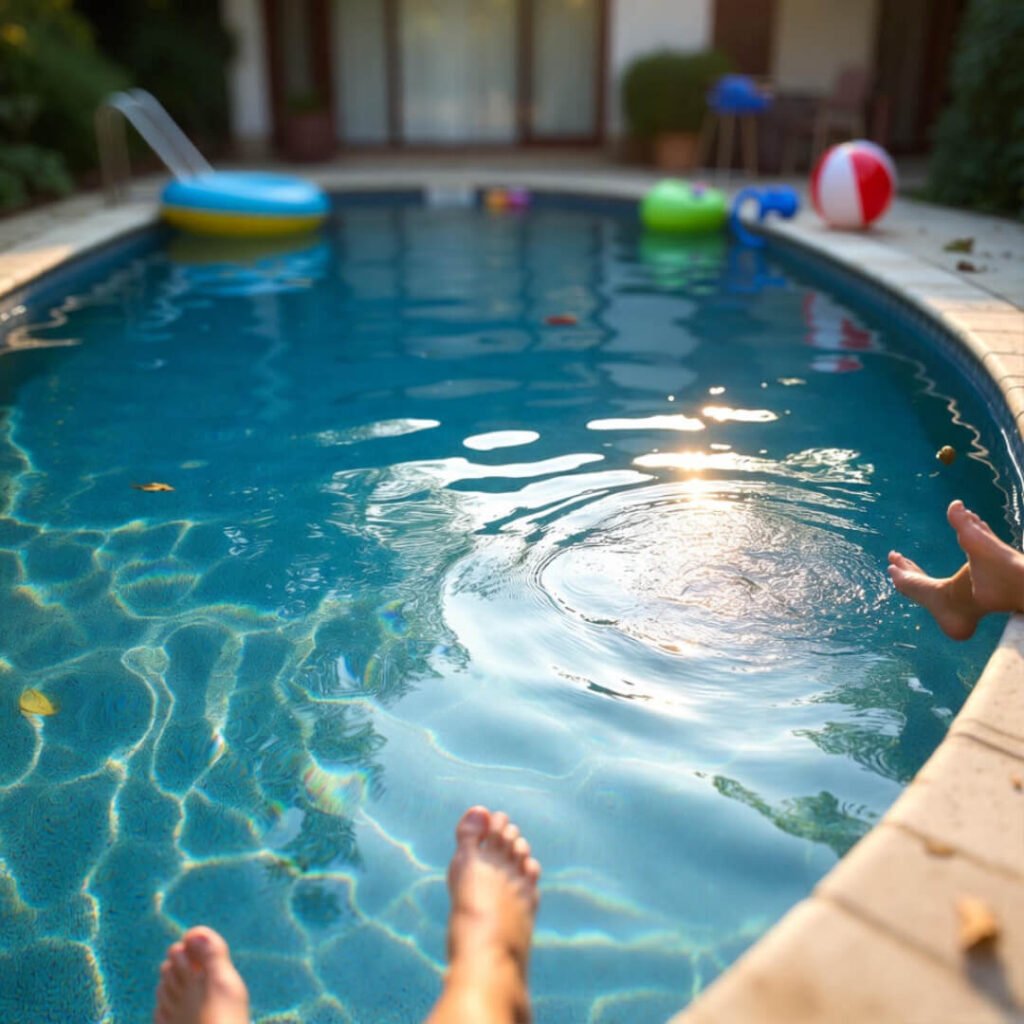 Feet dangling in golden hour pool, toys scattered, book floating.