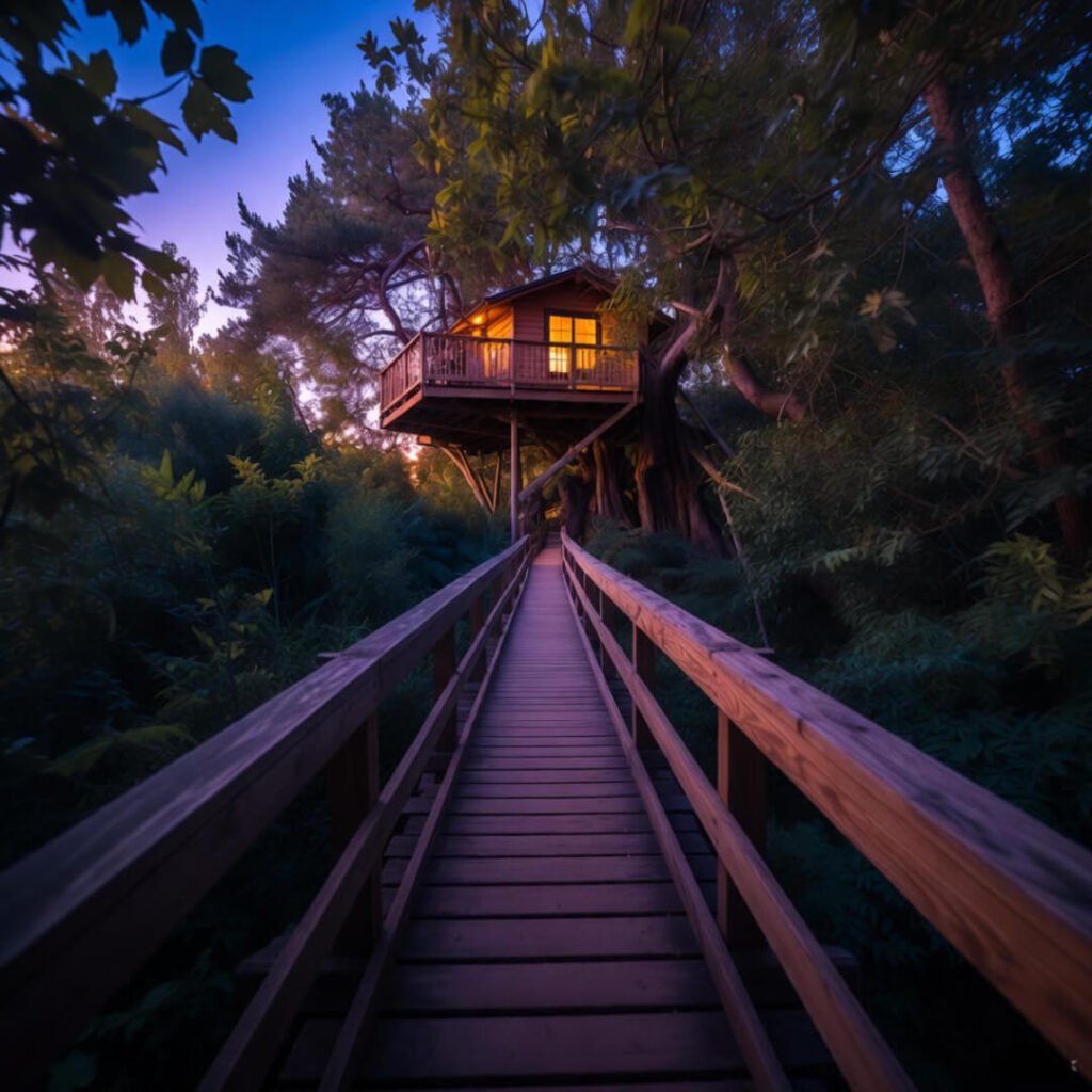 Low-angle view up swaying bridge to glowing treehouse at dusk.