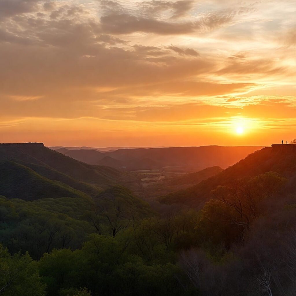 Tiny hiker overlooking vast sunset valley.