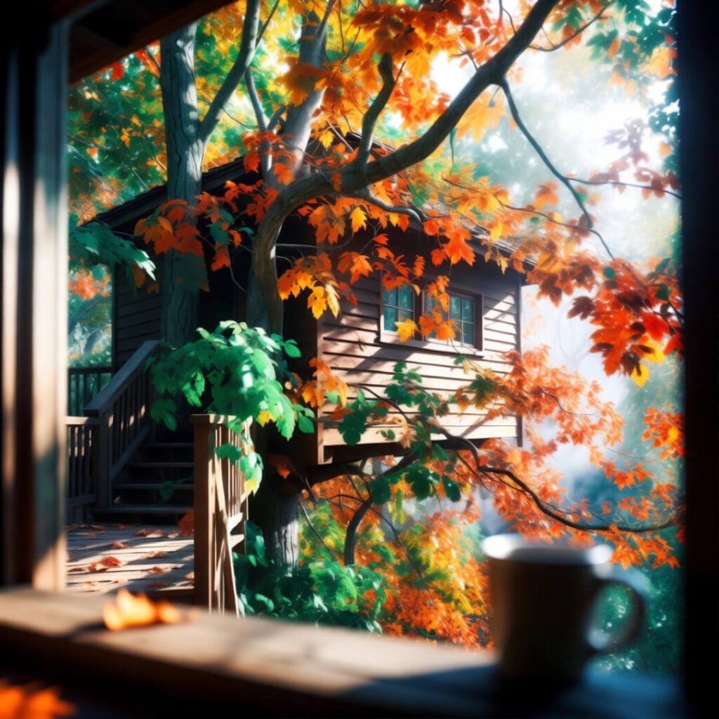Coffee mug on deck overlooking fall-wrapped treehouse.