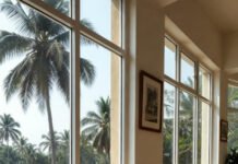 Quiet café scene in Goa, wooden table, coffee cup, window view of palms
