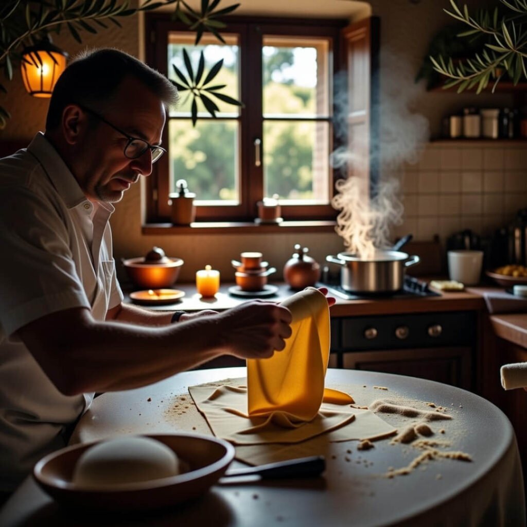 My sneaky snap of pasta-making during an authentic village stay in Tuscany, feeling like an awkward guest turned family.