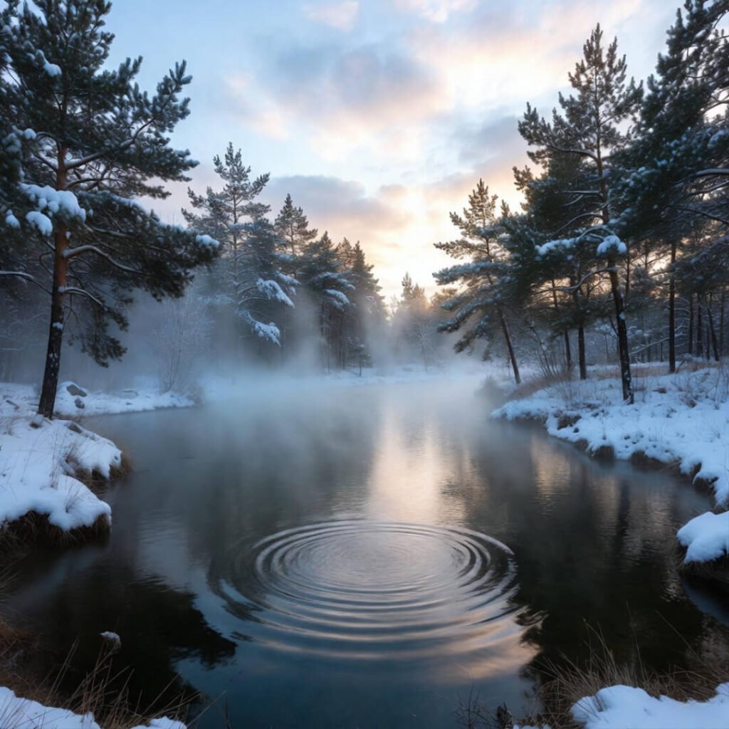 Steaming hot spring amid snowy pines at twilight.