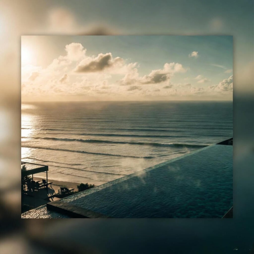 Low-angle infinity pool steam, spilling to ocean at Bali sunrise.