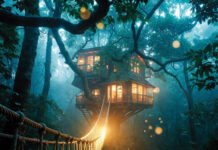 Cozy hammock with books overlooking misty forest greenery.