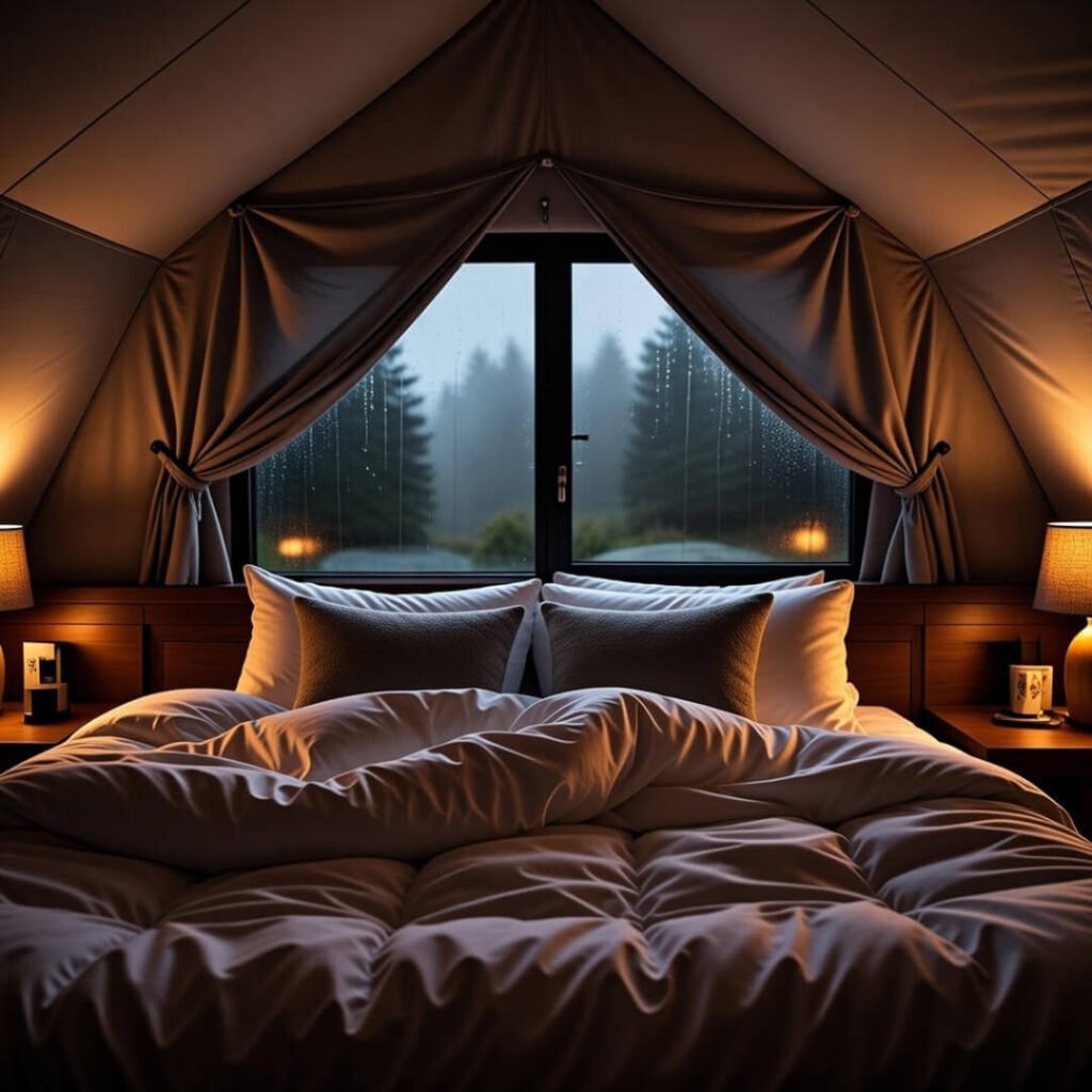 Luxurious glamping tent interior with rainy view.