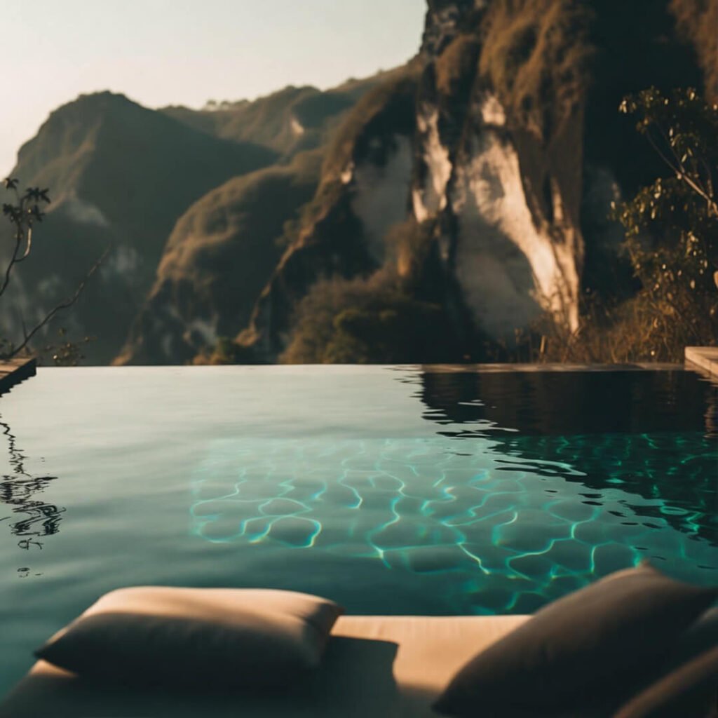 Tilted pool reflecting cliffs, lone cushion in serene teal glow.