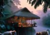 Stay in the Heart of Nature: Top Jungle Retreats Around the World Luxurious jungle bungalow with monkeys at dusk.
