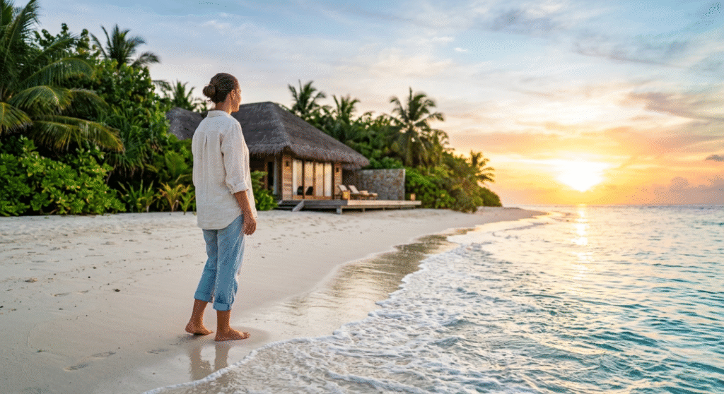 Traveler on a pristine beach near a villa at sunrise.