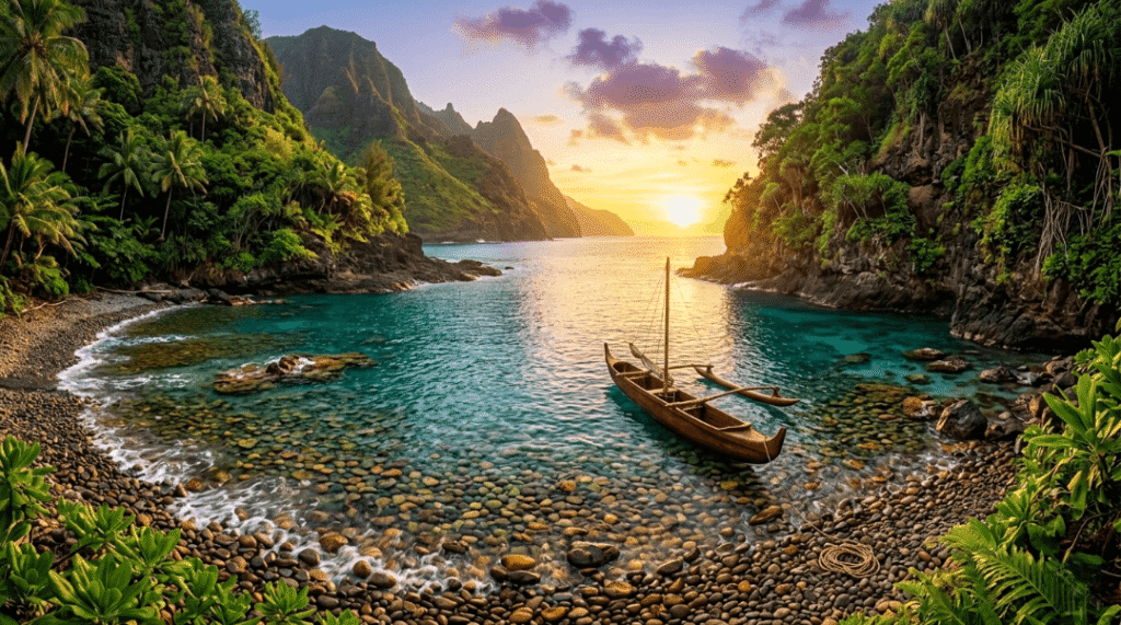 Wooden boat in a hidden cove at sunrise.