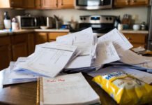 Crumpled Bali plane ticket on wooden table with torn orange life vest, sandy sunscreen bottle, and deflating pink flamingo floatie – symbolizing travel regret