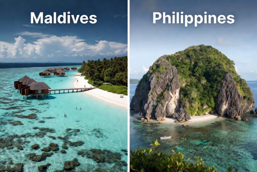 Maldives vs Philippines island beach comparison crystal clear water